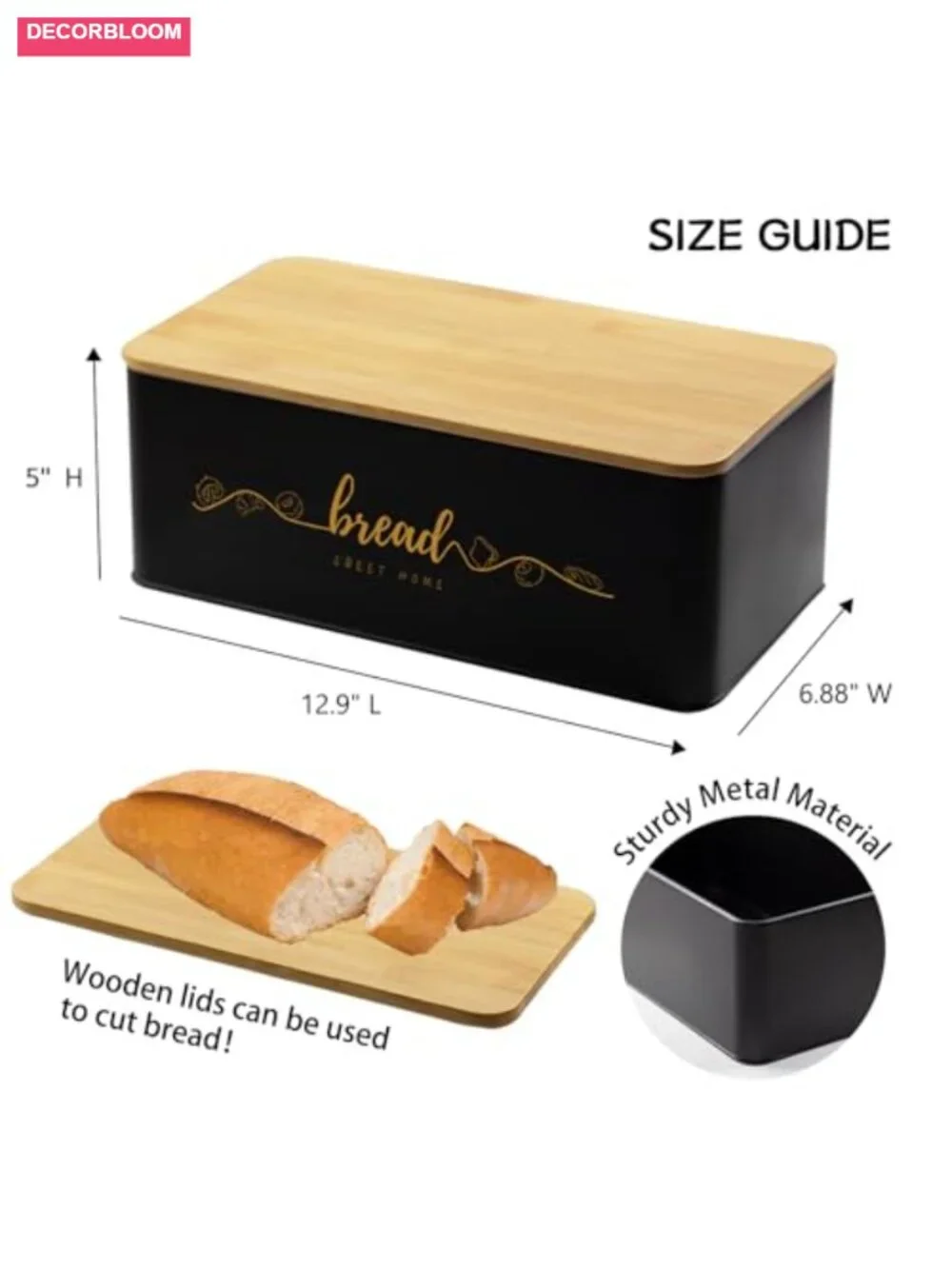 Bread Box with Bamboo Cutting Board Lid, Metal Kitchen Counter Storage